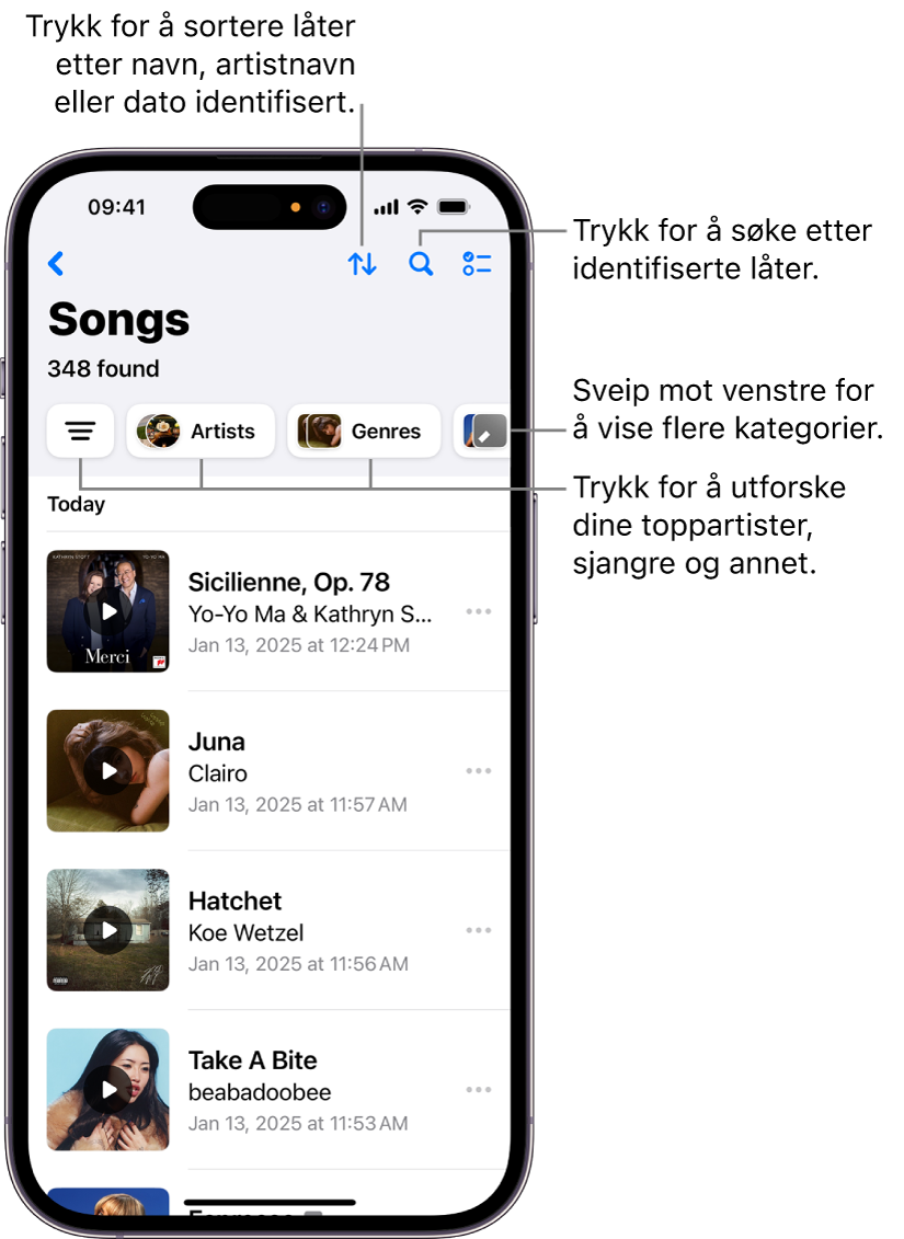 Liste med identifiserte låter med søkefelt og rullekontroll