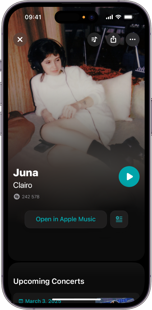 Musikkspor-skjermen i Shazam med låten som har blitt identifisert