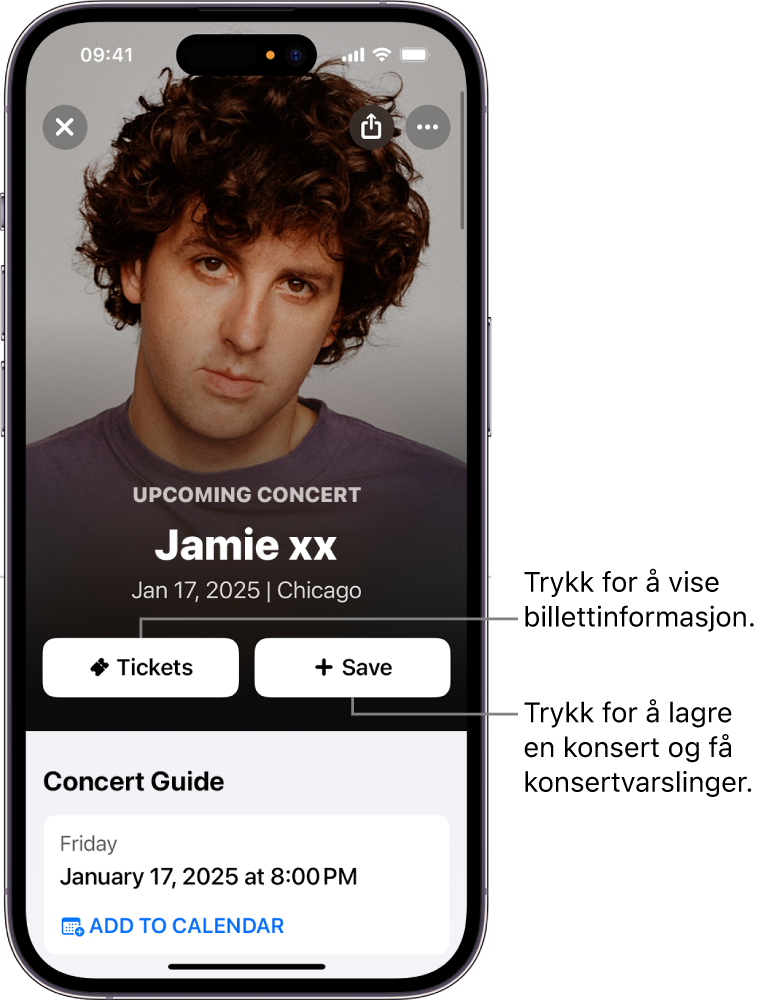 Shazams konsertguide viser Tickets- og Save-knapper (Billetter og Arkiver) og datoen for en kommende konsert for artisten Jamie xx