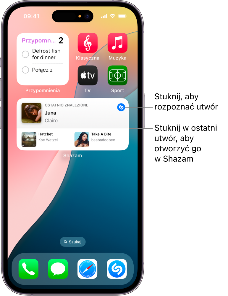 Widok Dzisiaj na iPhonie, zawierający widżet Shazam.