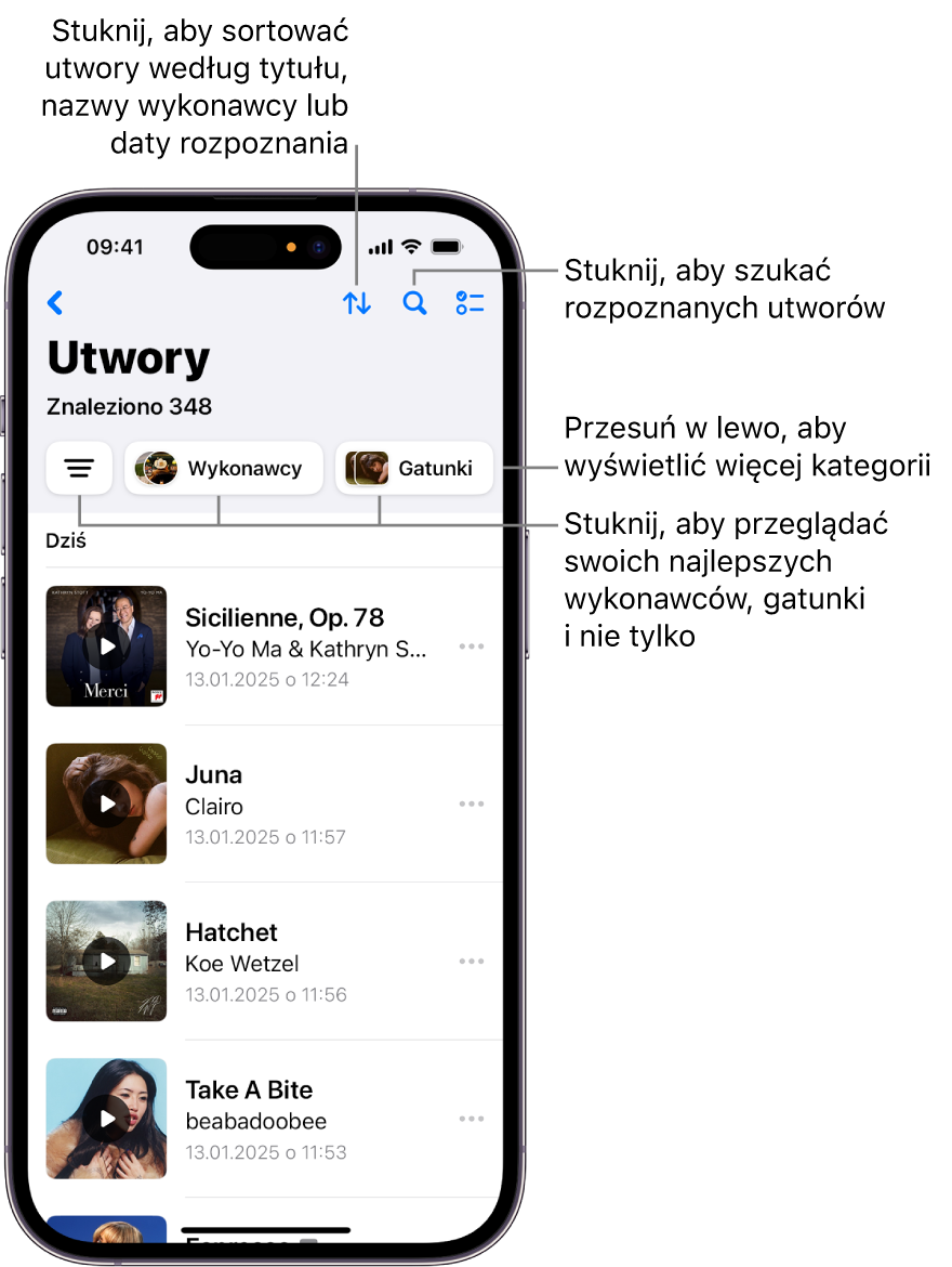 Lista rozpoznanych utworów z polem wyszukiwania oraz narzędziem przewijania.