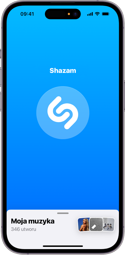 Główny ekran aplikacji Shazam, zawierający przycisk Shazam.