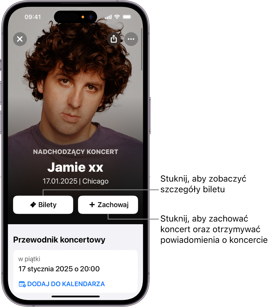 Przewodnik koncertowy w aplikacji Shazam, zawierający przyciski Bilety i Zachowaj oraz datę nadchodzącego koncertu wykonawcy Jamie xx