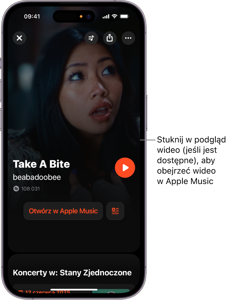 Ekran ścieżki Shazam z podglądem teledysku