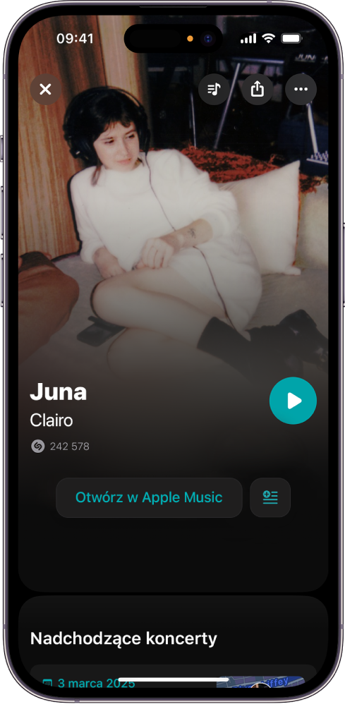 Ekran ścieżki Shazam, wyświetlający wynik rozpoznawania utworu.