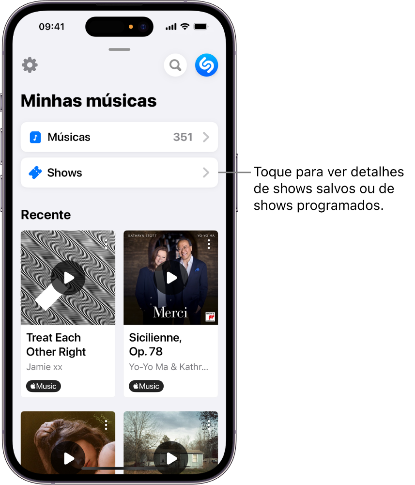 Página Minhas Músicas do Shazam, mostrando o botão Shows