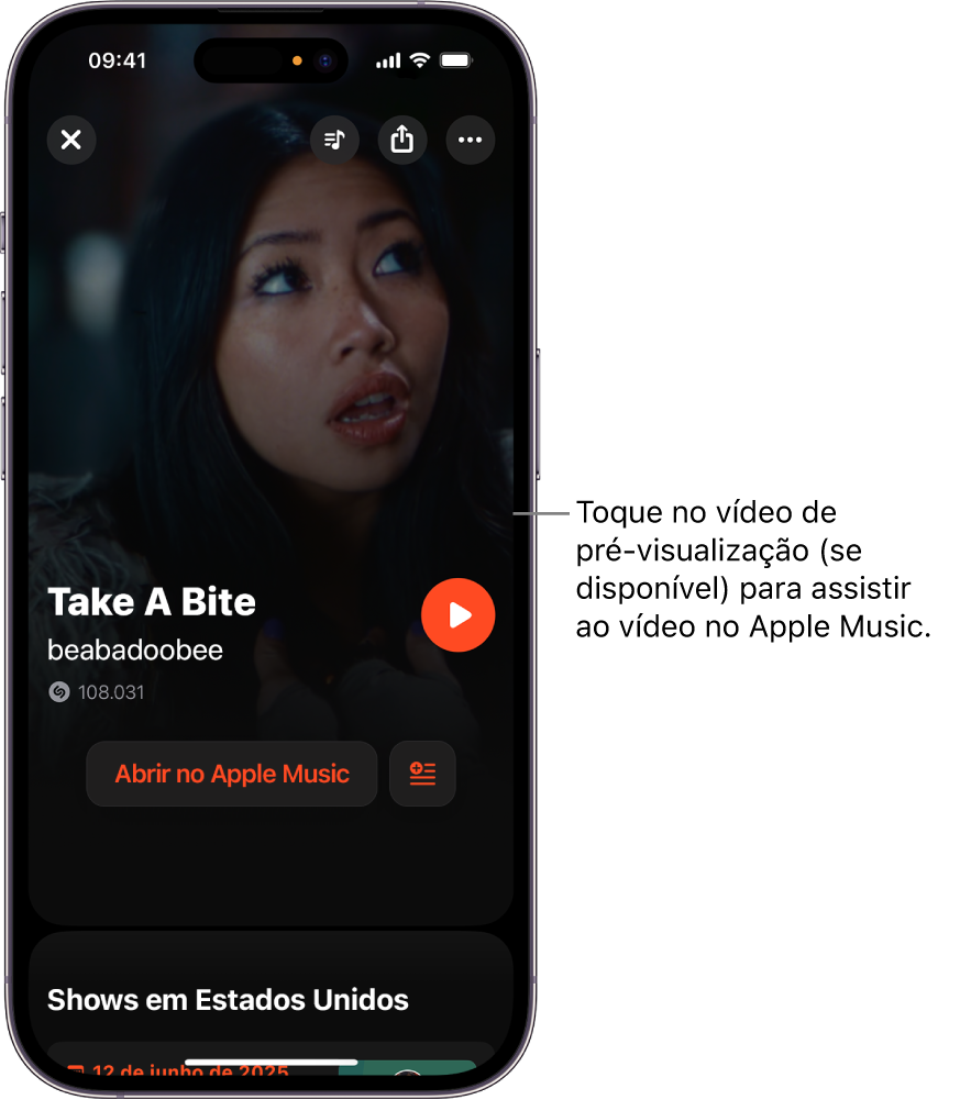 Tela de faixa do Shazam mostrando a prévia de um vídeo