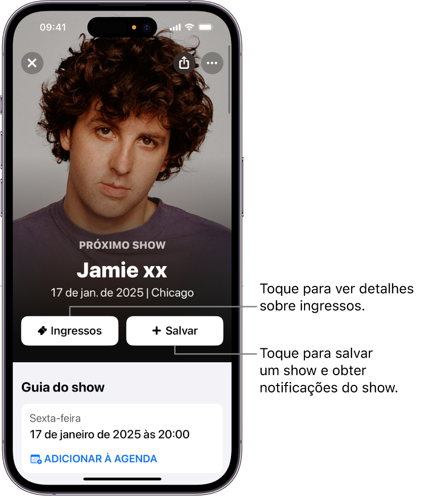 Guia de Shows do Shazam mostrando os botões Ingressos e Salvar, além da data de um show futuro do artista Jamie xx.