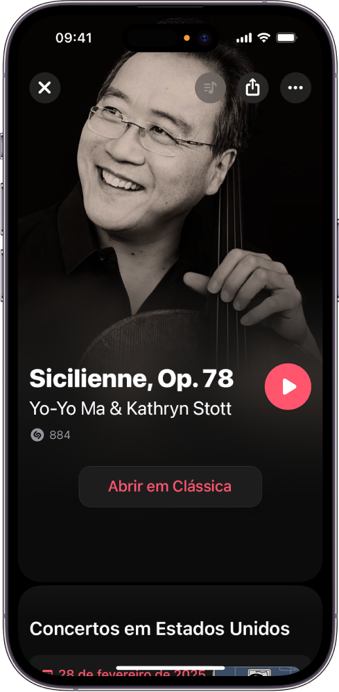 Ecrã de faixas da aplicação Shazam a mostrar o resultado da identificação de uma música e o botão “Abrir em Classical”.