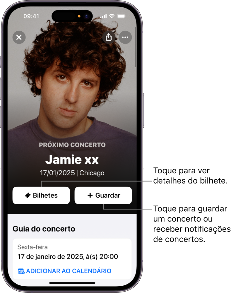 O Guia de concertos do Shazam a mostrar os botões “Bilhetes” e “Guardar” e a data de um concerto futuro do intérprete Jamie xx