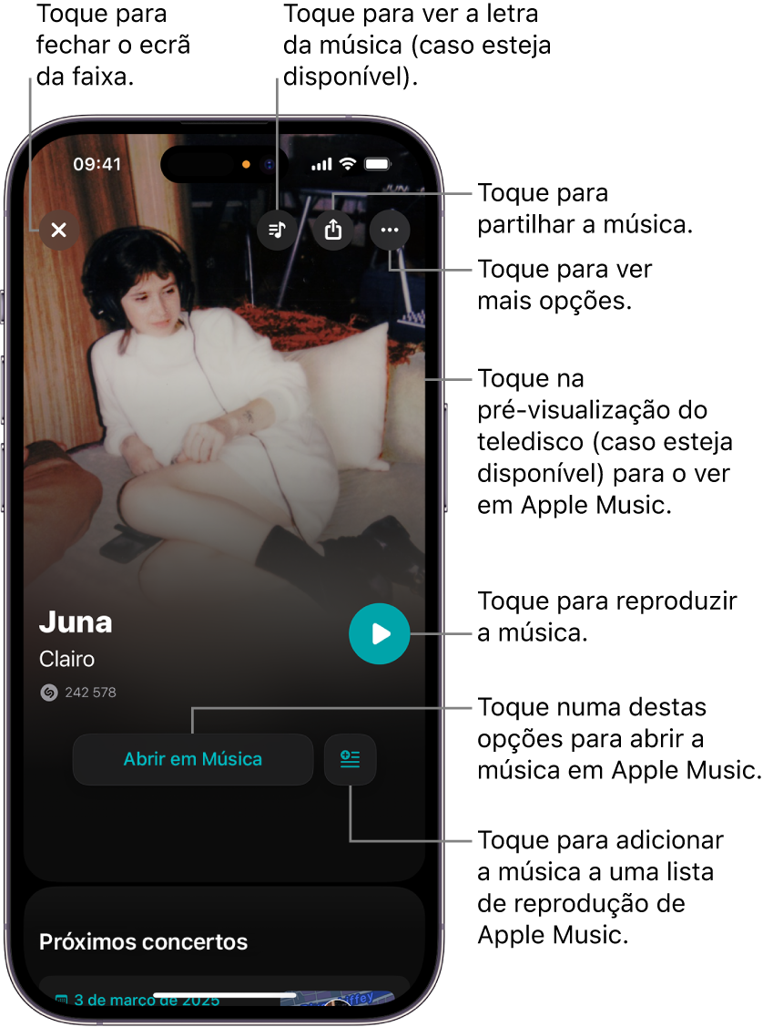 Controlos do ecrã de faixas no iPhone