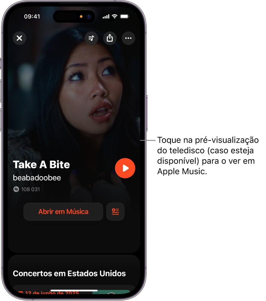 O ecrã de faixas da aplicação Shazam a mostrar uma pré‑visualização do vídeo
