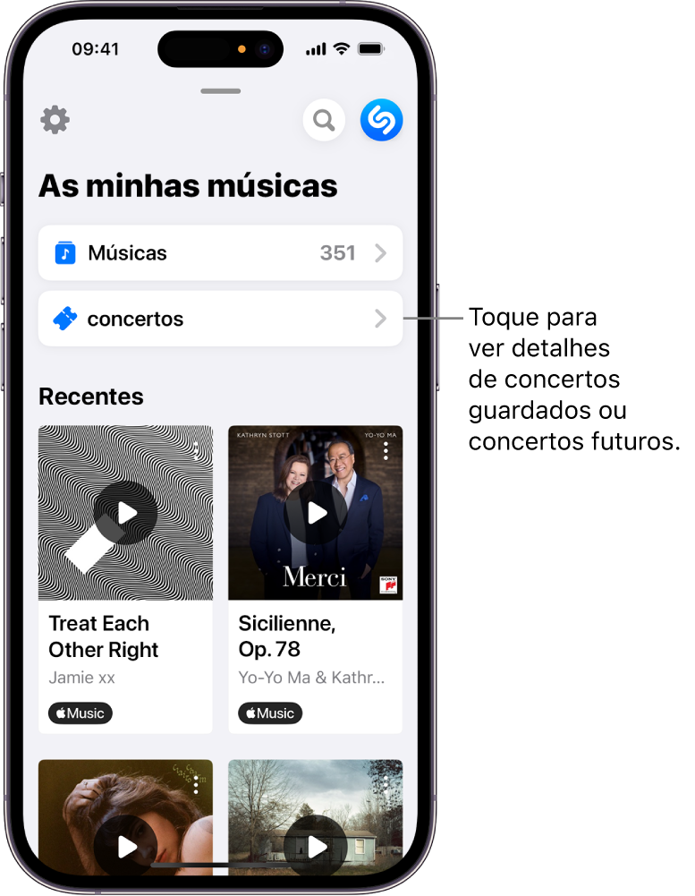 A página “A minha música” da aplicação Shazam a mostrar o botão Concertos