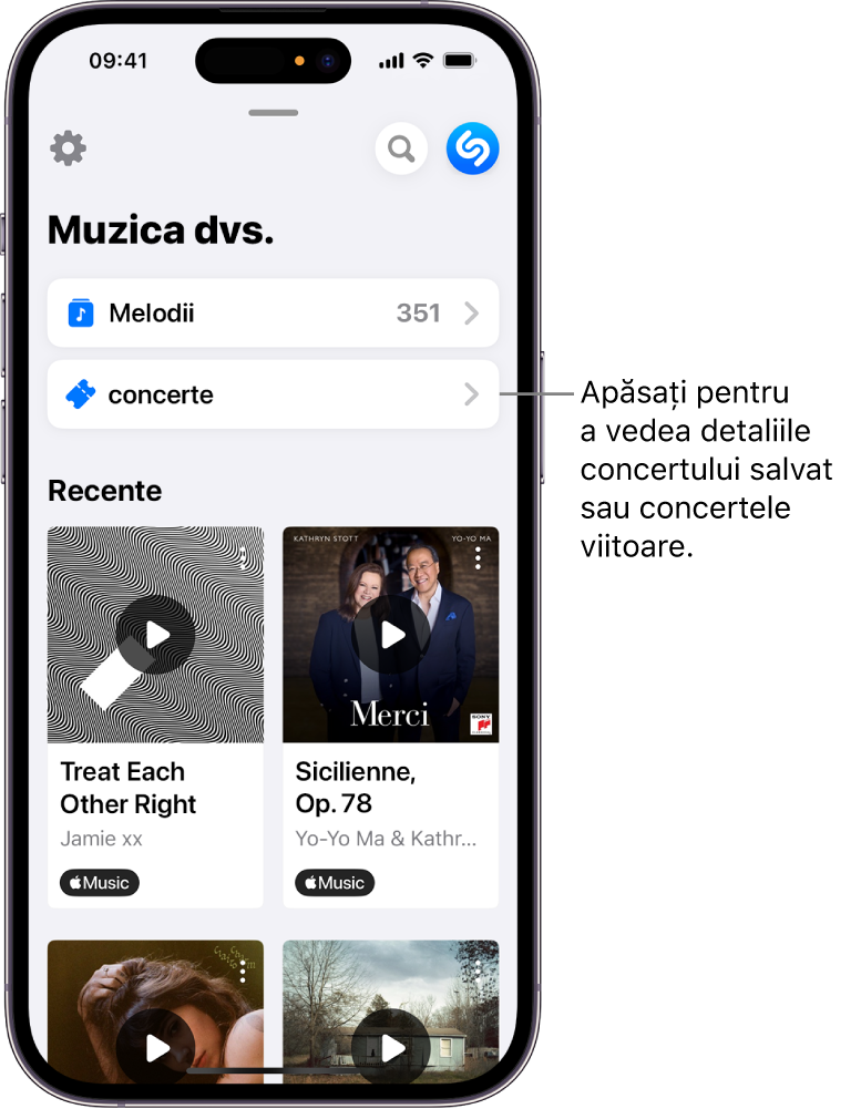 Pagina My Music (Muzica dvs.) din Shazam afișând butonul Concerts (Concerte).
