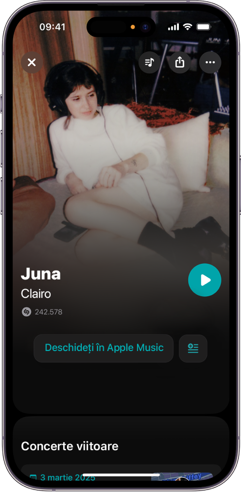 Fereastra melodiei Shazam afișând rezultatul identificării melodiei
