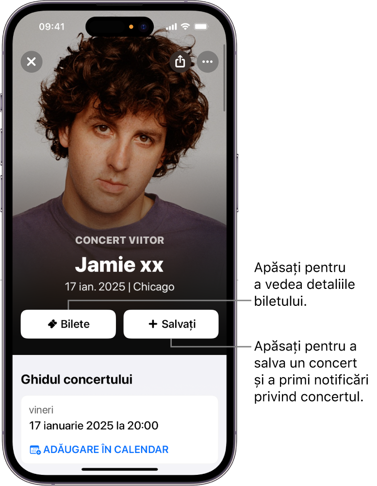 Ghidul unui concert Shazam afișând butoanele Tickets (Bilete) și Save (Salvați) și data unui concert viitor al artistului Jamie xx.