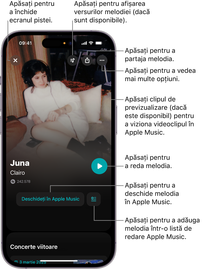 Comenzile din fereastra pistei pe iPhone