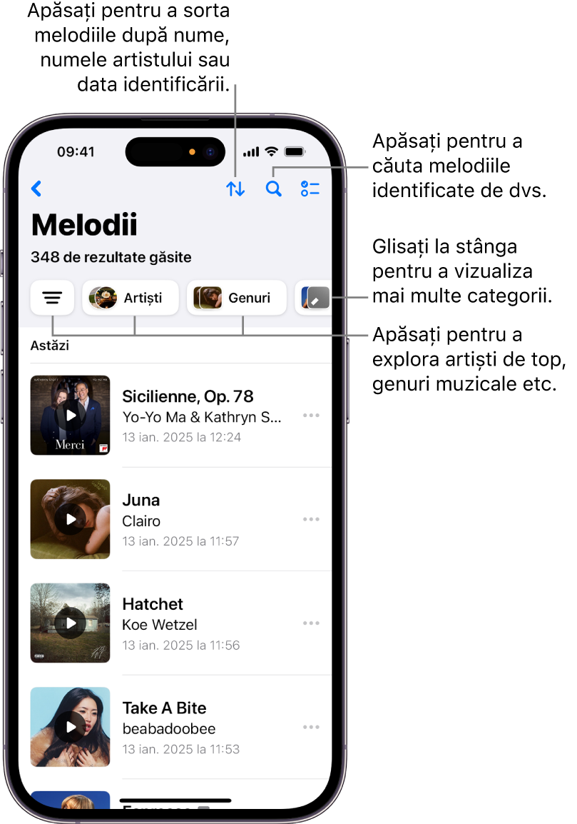 Lista melodiilor identificate afișând câmpul de căutare și bara de derulare