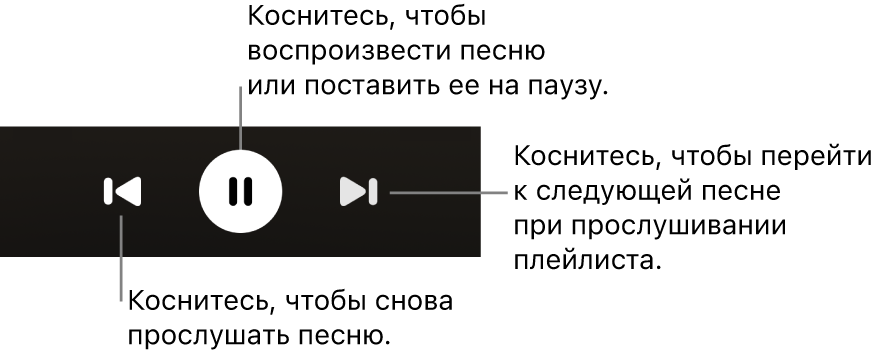 Элементы управления воспроизведением на экране «Исполняется», в том числе кнопка «Назад», кнопка «Воспроизведение/Пауза» и кнопка «Далее».