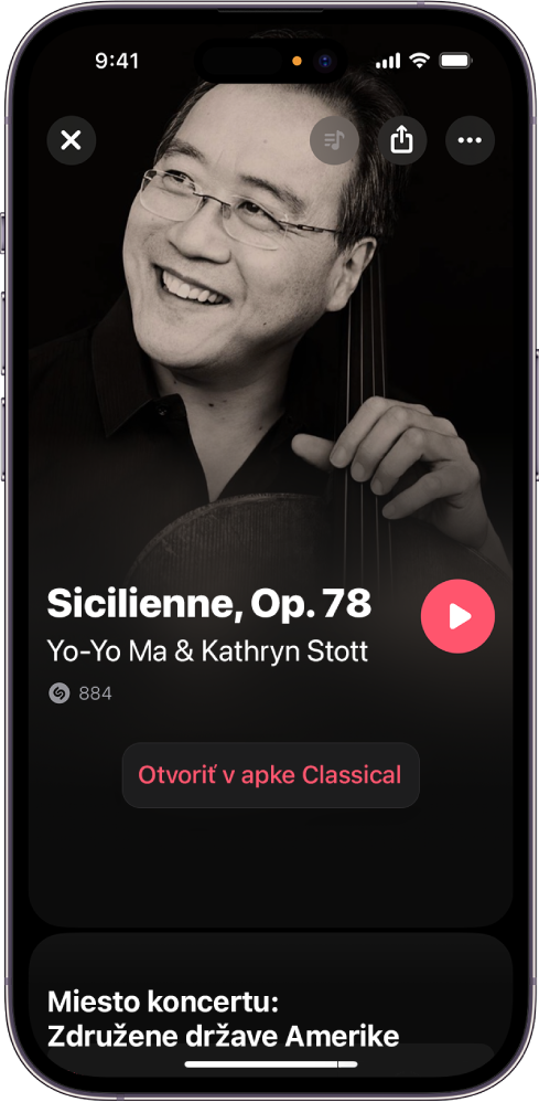 Obrazovka skladby v Shazame, na ktorej sa zobrazuje výsledok rozpoznania klasickej skladby a tlačidlo Otvoriť v Classical.