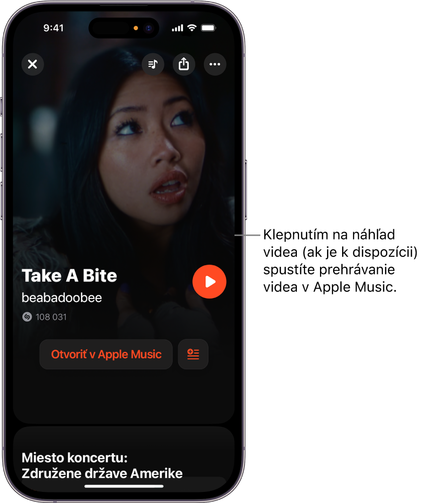 Obrazovka skladby v apke Shazam s náhľadom videa