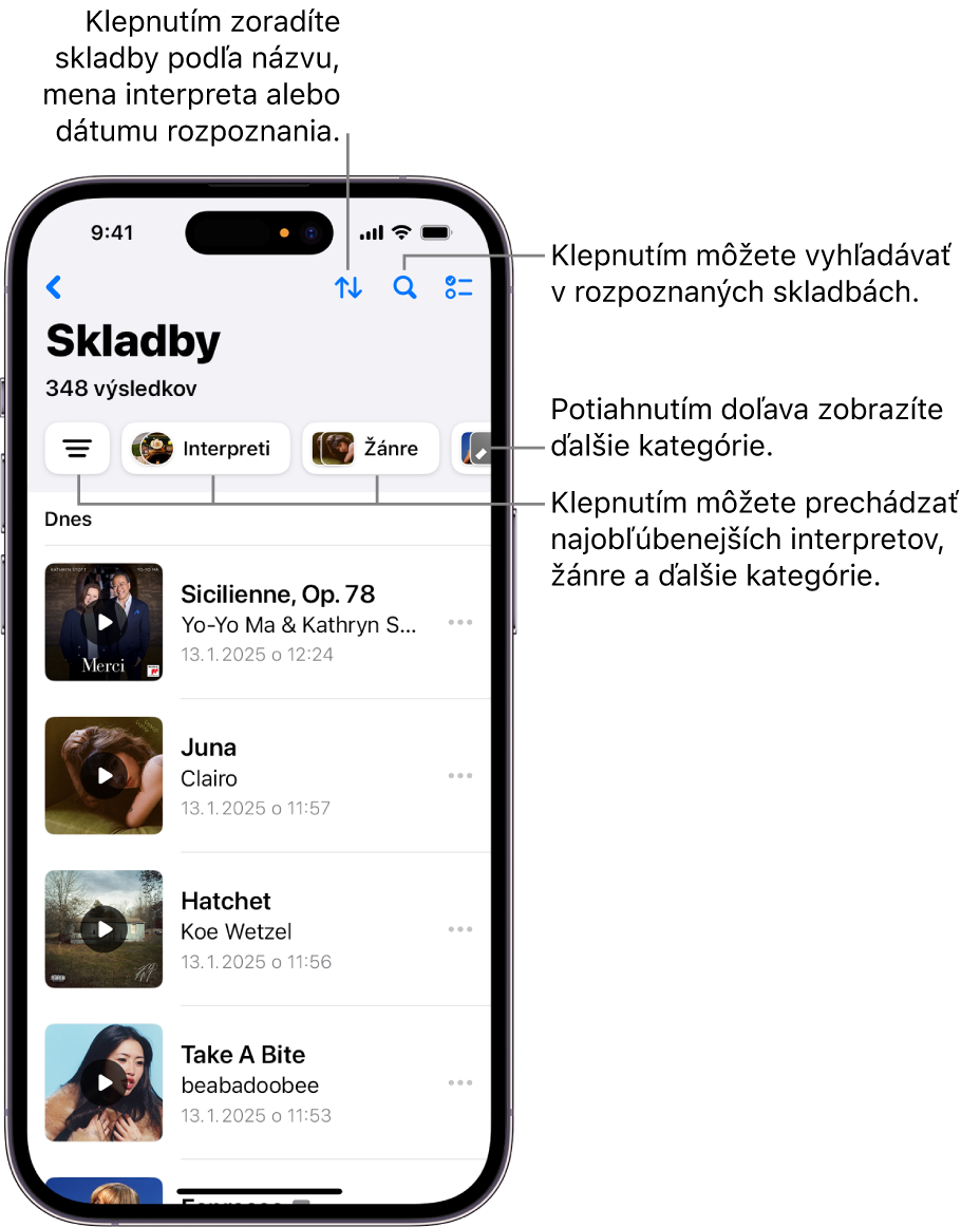 Zoznam rozpoznaných skladieb s vyhľadávacím poľom a ovládacím prvkom na posúvanie