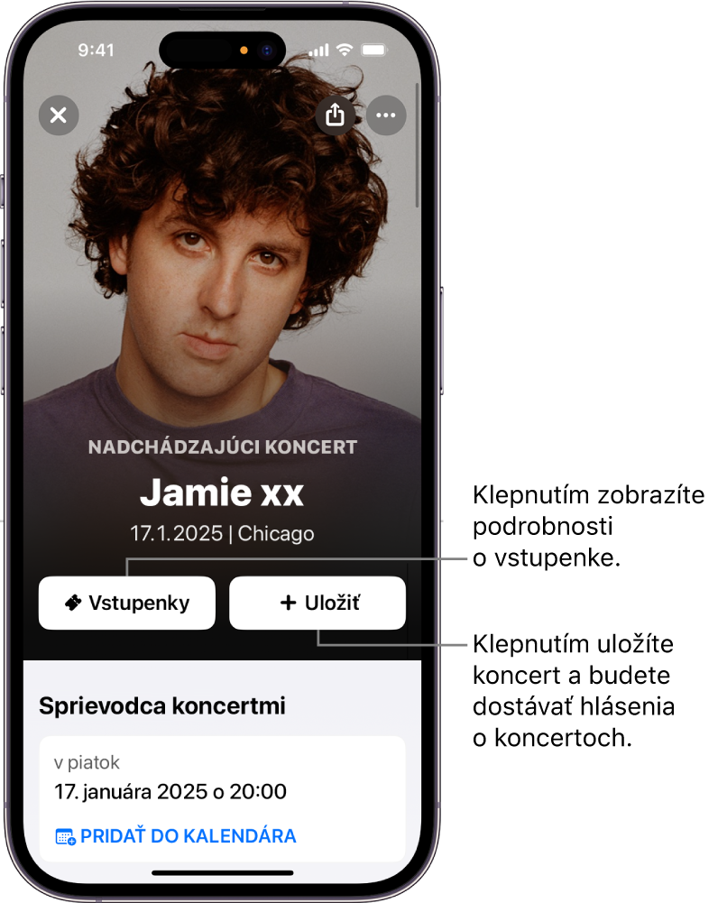 Sprievodca koncertmi v Shazame s tlačidlami Vstupenky a Uložiť a s dátumom konania nadchádzajúceho koncertu hudobníka Jamieho xx.