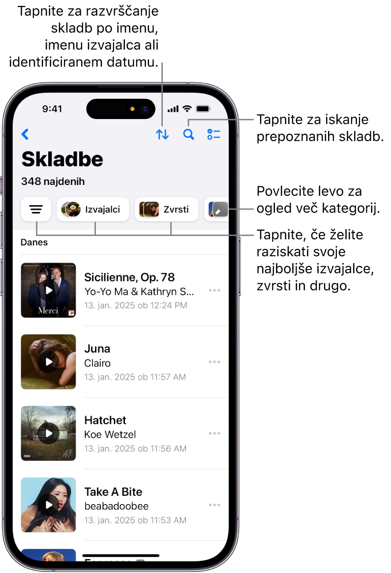 Seznam prepoznanih skladb, ki prikazuje polje za iskanje in krmiljenje s pomikanjem