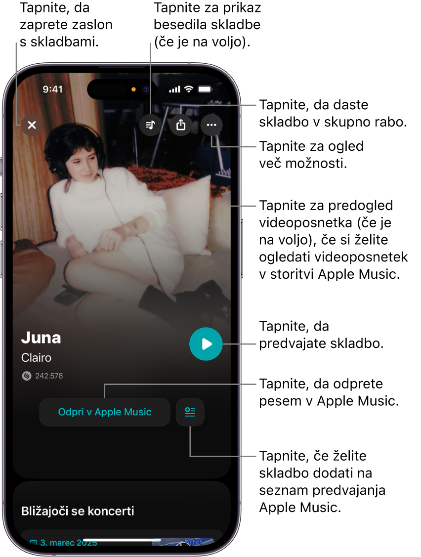 Krmilne funkcije na zaslonu skladb v iPhonu