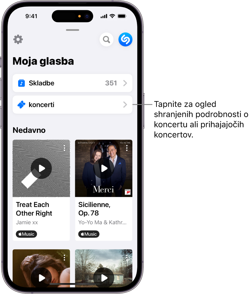 Stran Shazam My Music prikazuje gumb Concerts