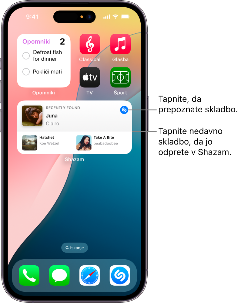 Dnevni izbor v iPhonu, ki prikazuje pripomoček Shazam