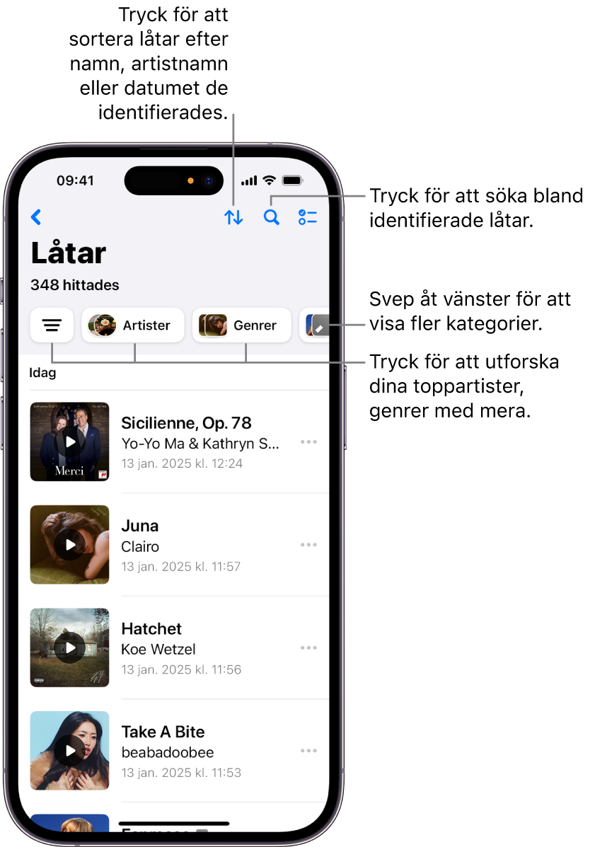 Listan med identifierade låtar med ett sökfält och ett rullningsreglage