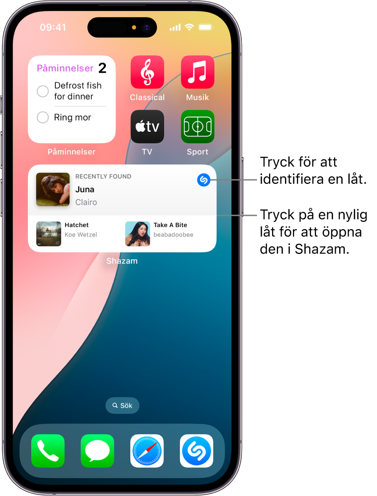 Vyn Idag på iPhone med Shazam-widgeten