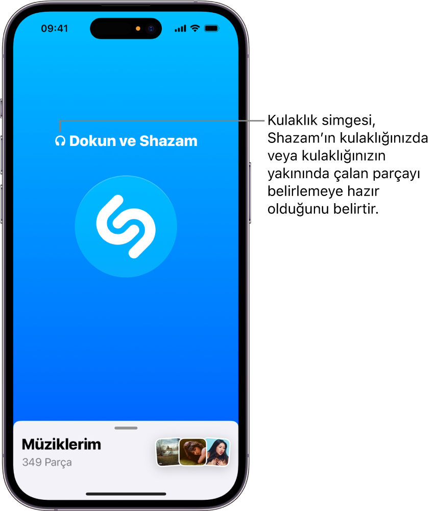 Shazam uygulaması bağlı kulaklıkları gösteriyor
