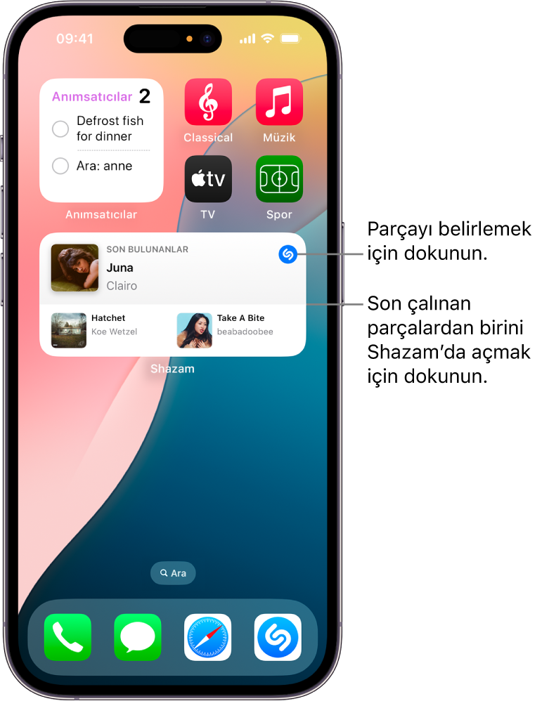 iPhone’da Shazam araç takımını gösteren Bugün Görüntüsü