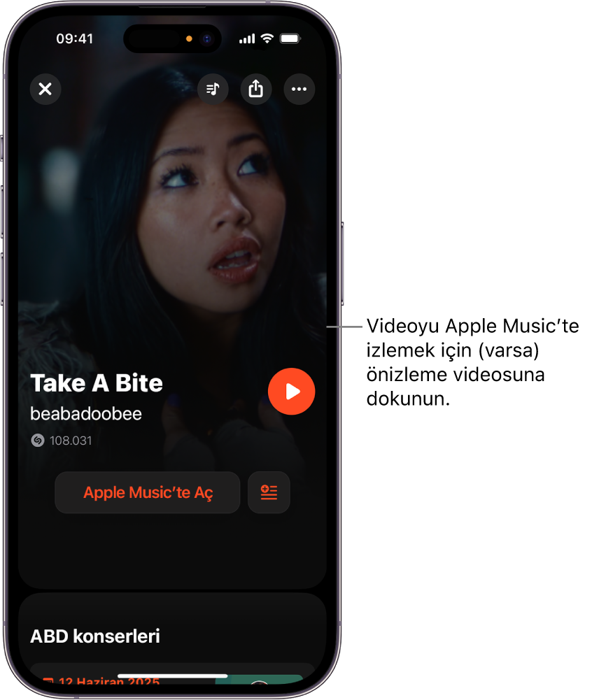 Bir videonun önizlemesini gösteren Shazam parça ekranı