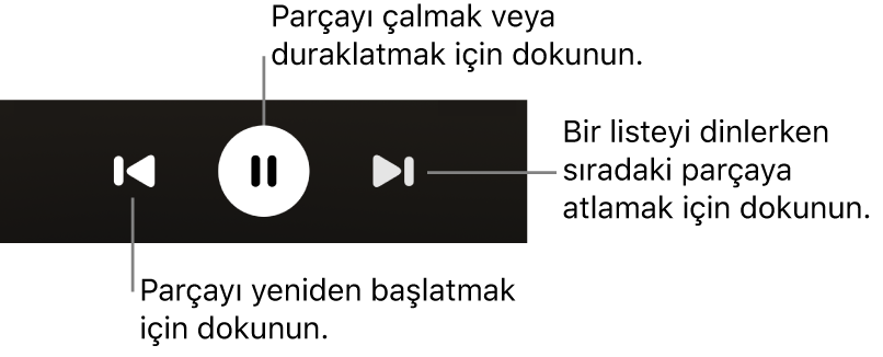 Geri düğmesi, Çal/Duraklat düğmesi ve Sonraki düğmesi dahil olmak üzere Şu An Çalınan ekranındaki çalma denetimleri