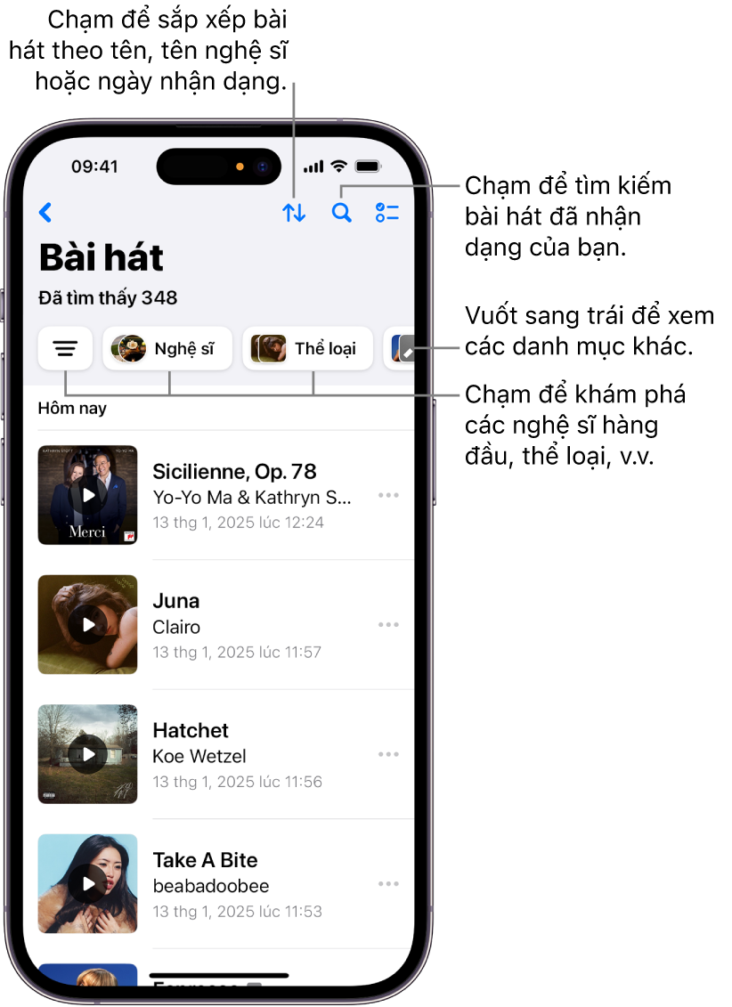 Danh sách các bài hát đã nhận dạng đang hiển thị trường tìm kiếm và điều khiển cuộn