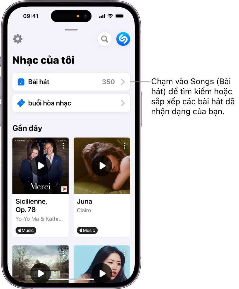 Danh sách các bài hát đã nhận dạng đang hiển thị trường tìm kiếm và điều khiển cuộn