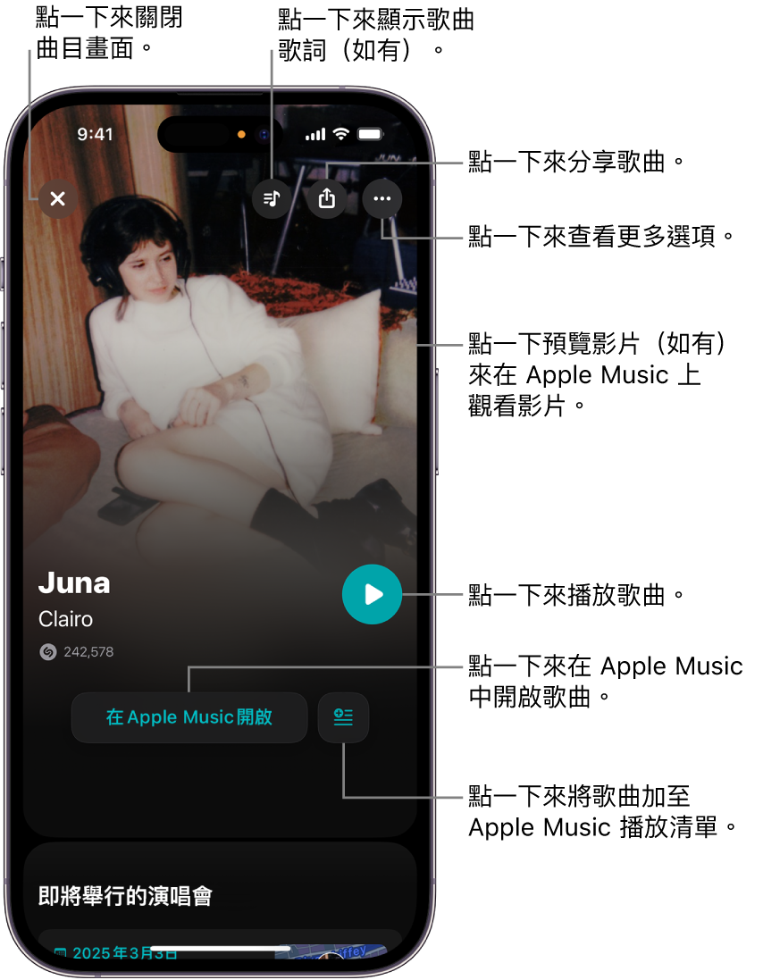 iPhone 上的曲目畫面控制項目