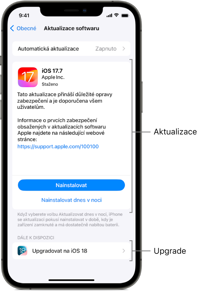 Obrazovka iPhonu se zobrazenou možností aktualizace na iOS 17.7 nebo upgradu na iOS 18.