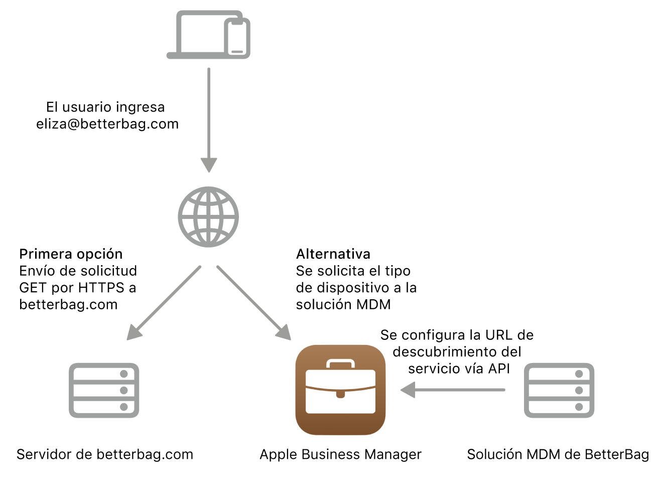 El flujo de trabajo de descubrimiento de servicios mostrando el método de descubrimiento alternativo.