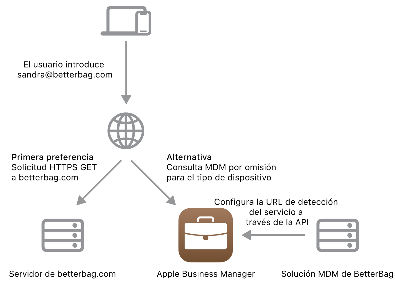 Flujo de trabajo de detección de servicios con el método alternativo de detección de servicios.