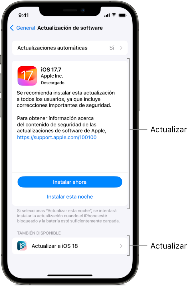 Una pantalla de iPhone en la que se ve una actualización a iOS 17.7 o una actualización principal a iOS 18.