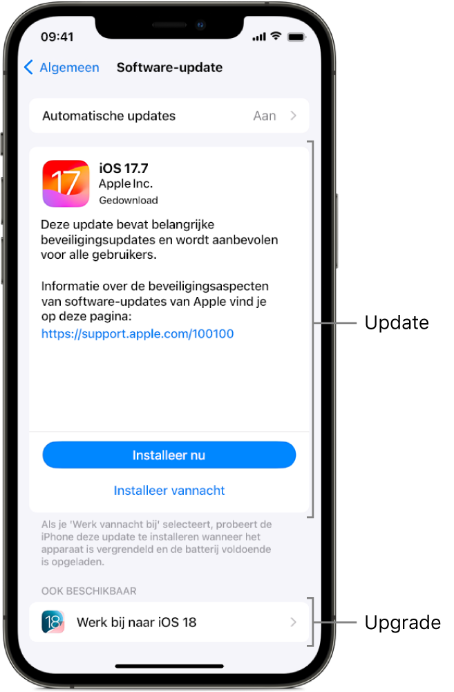 Een iPhone-scherm met daarop een update naar iOS 17.7 of een upgrade naar iOS 18.