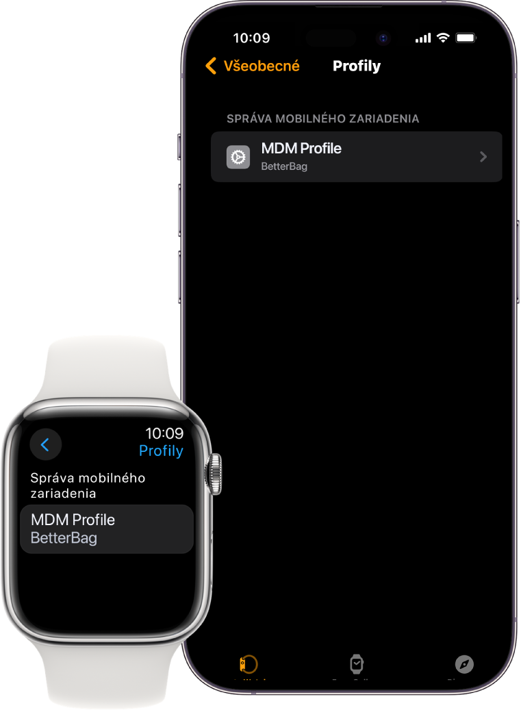Apple Watch a iPhone, na ktorých je vidieť, že ich spravuje riešenie správy mobilných zariadení (MDM).