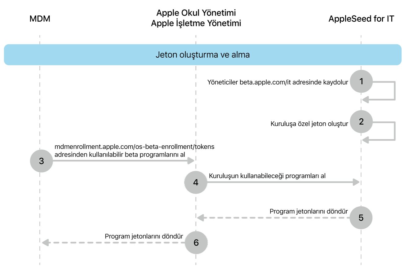 Yazılım güncellemelerini test etmek için beta programı jeton akışı.