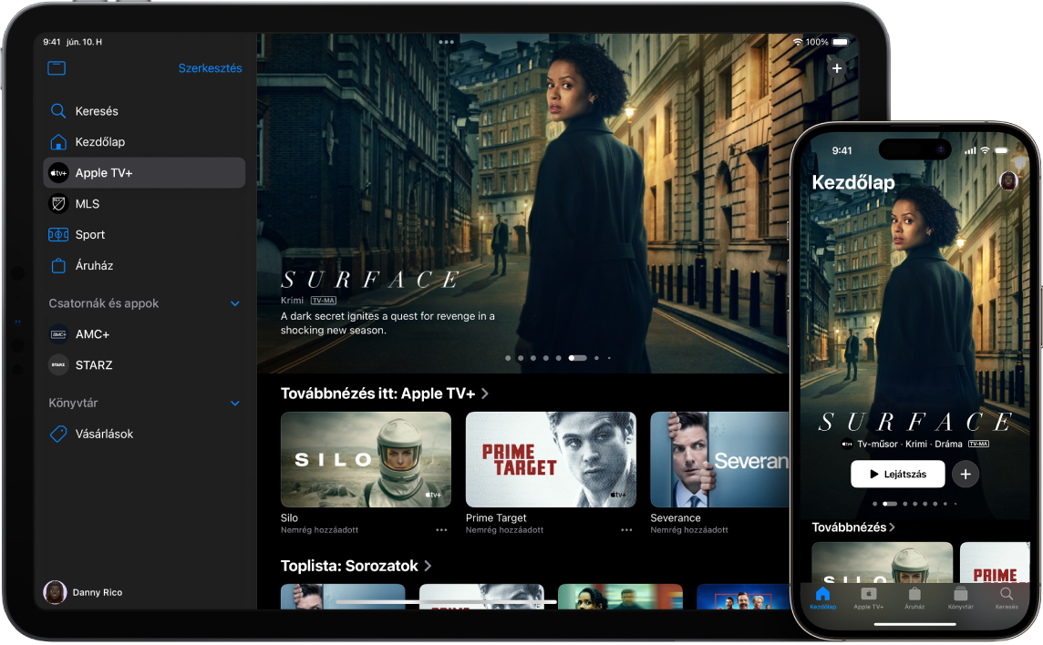 Az Apple TV app egy iPaden és egy iPhone-on