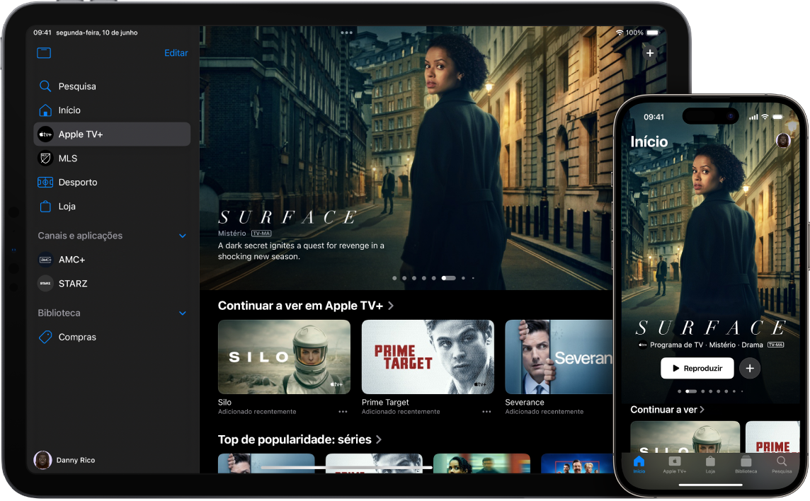 iPad e iPhone a mostrar a aplicação TV