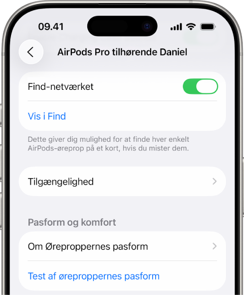 Bluetooth-indstillinger på en iPhone med muligheder til AirPods Pro. Find-netværket er slået til, så AirPods kan lokaliseres enkeltvis på et kort, hvis de mistes.